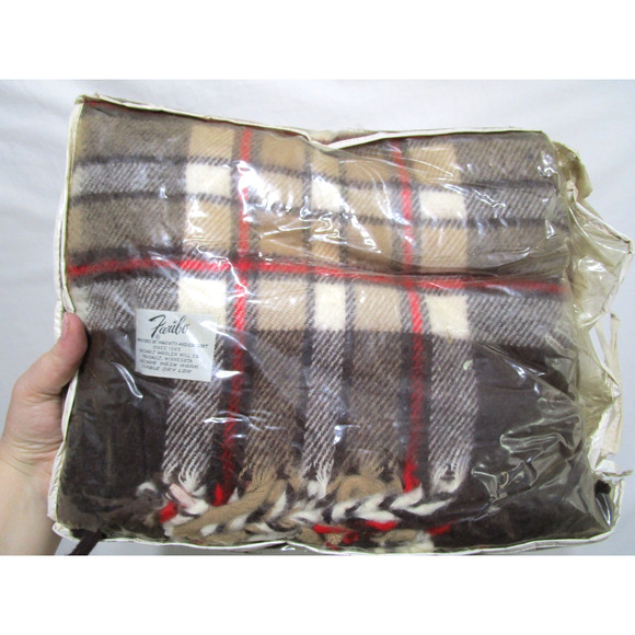 VTG Faribo Pak A Robe Brown & Red Plaid Wool Fringe Blanket 45" x 50" - Picture 3 of 7
